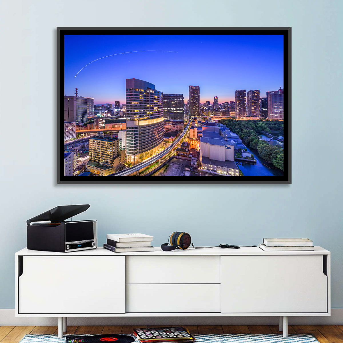 Tokyo Monorail Light Trails at Twilight Wall Art in a room, landscape