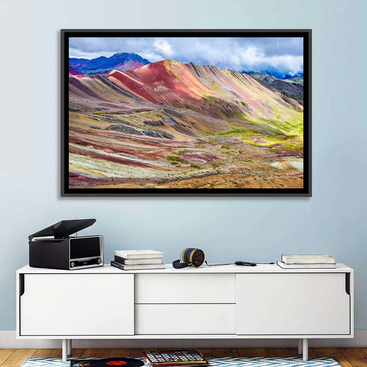Vinicunca Rainbow Mountain Peru Wall Art in a room, landscape