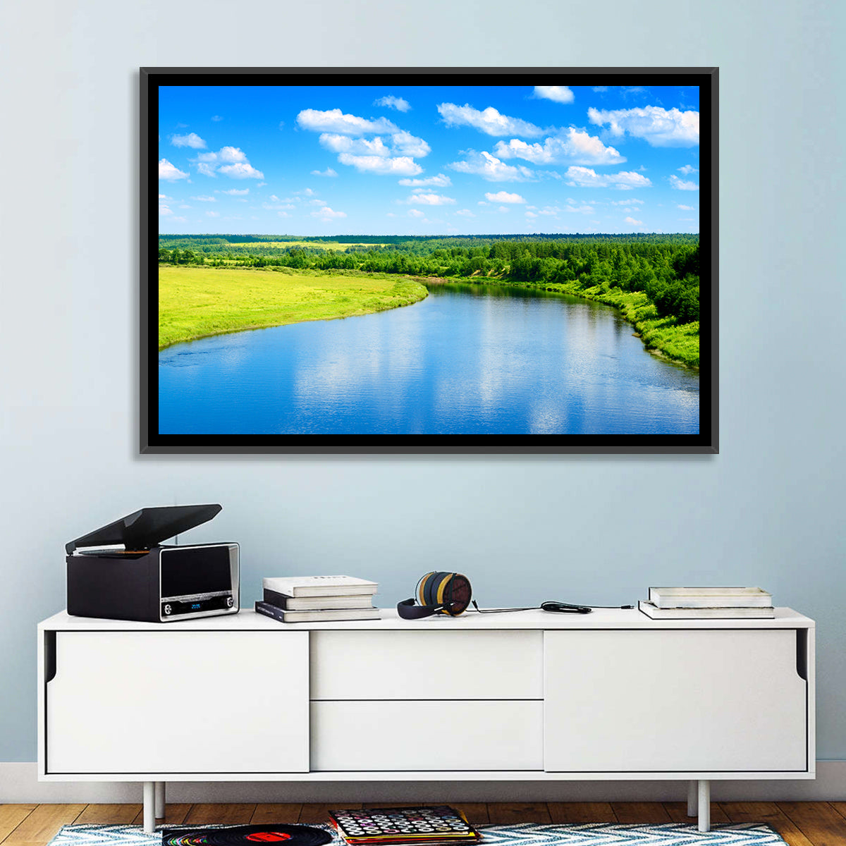 Blue River Meadow Wall Art in a room, landscape