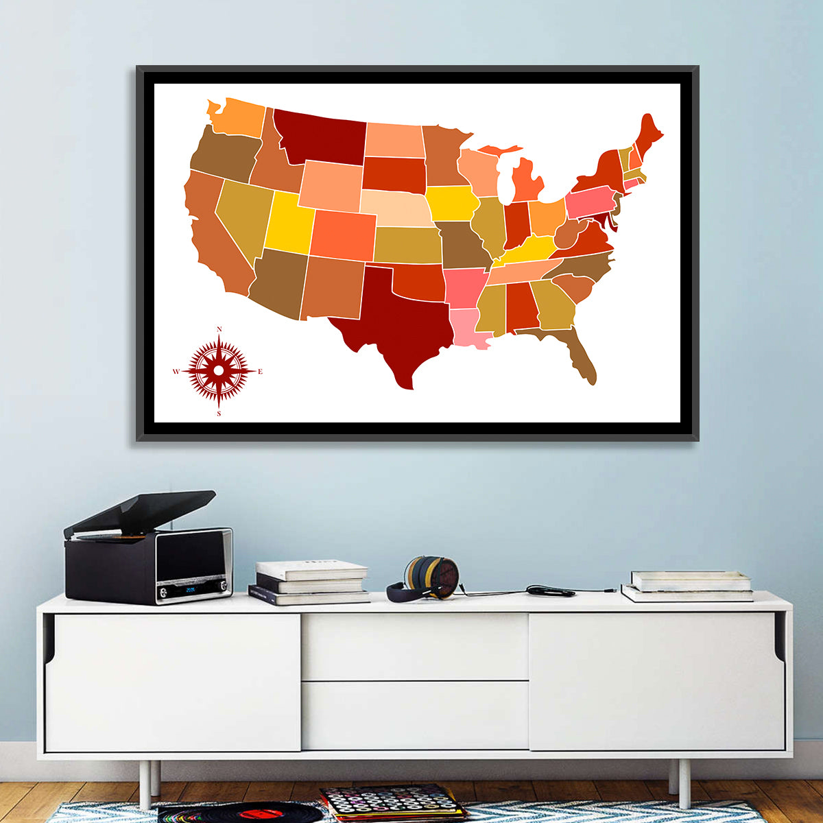 Stylized United States Map Wall Art in a room, landscape