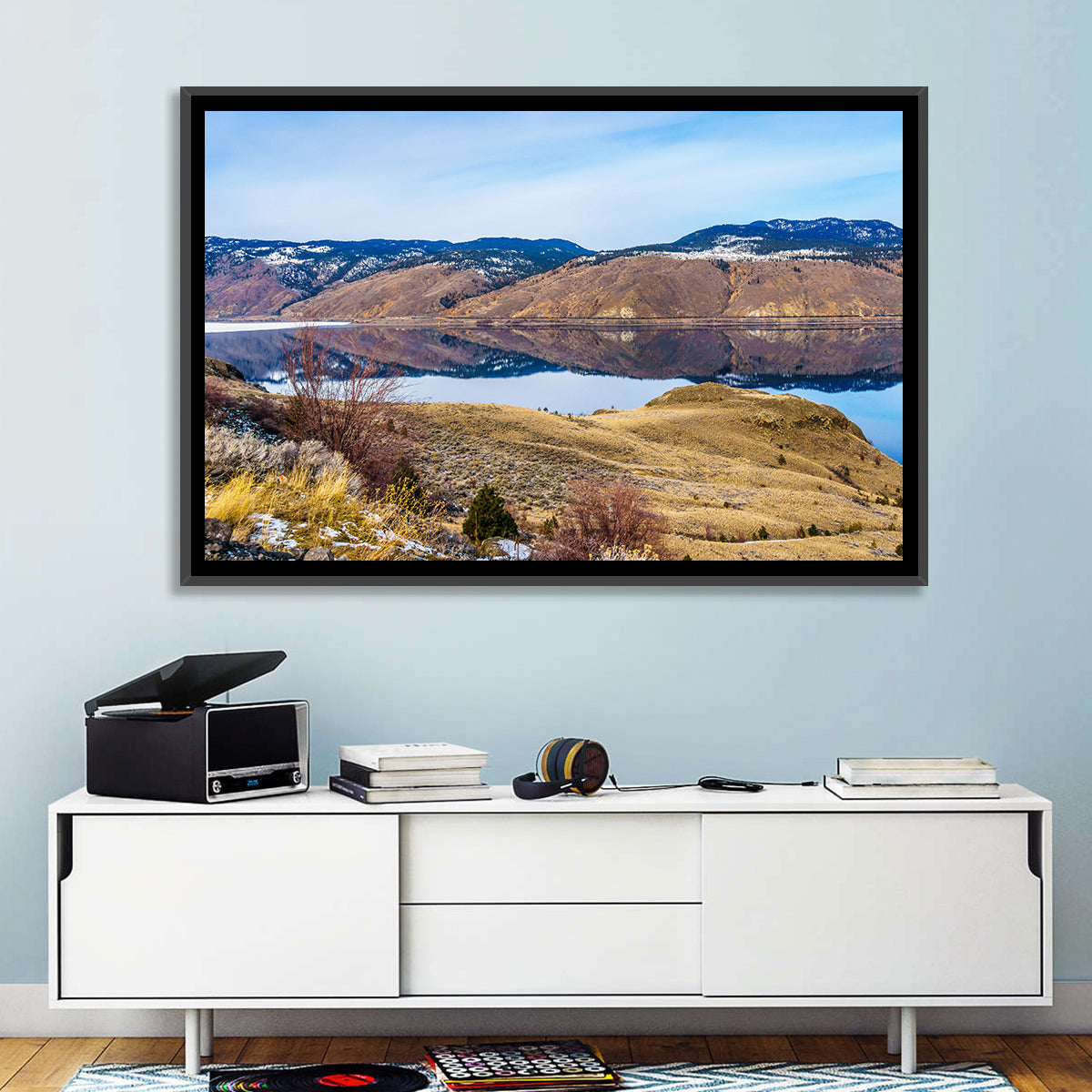 Kamloops Lake Mountain Reflection Wall Art in a room, landscape