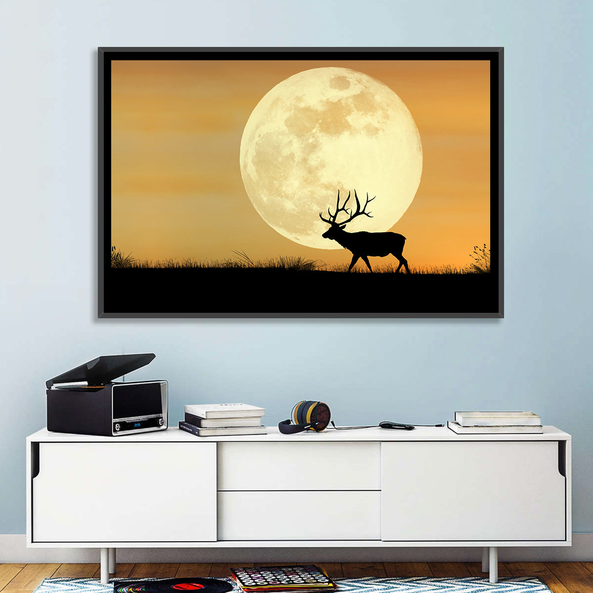 Bull Elk Silhouette Under Supermoon Wall Art in a room, landscape
