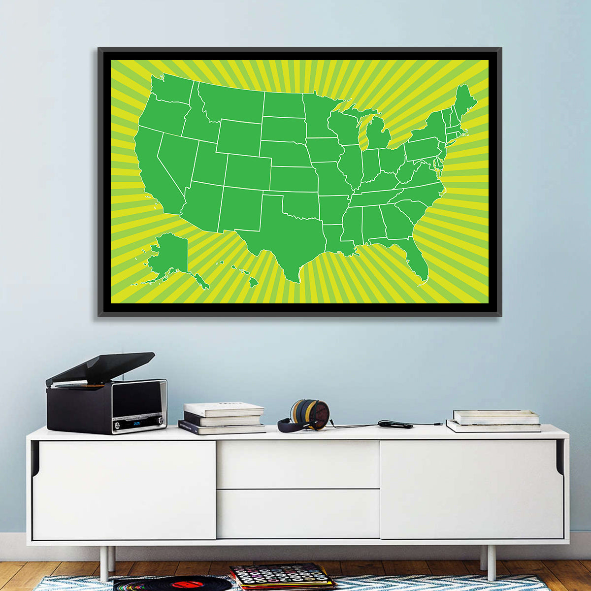 Green Sunburst USA Map Wall Art in a room, landscape