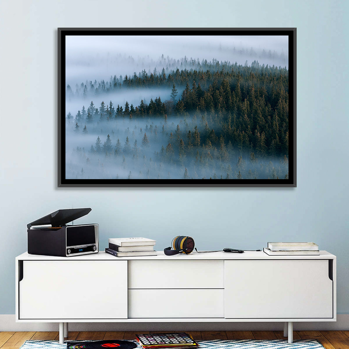 Morning Mist Over Pine Valley Wall Art in a room, landscape