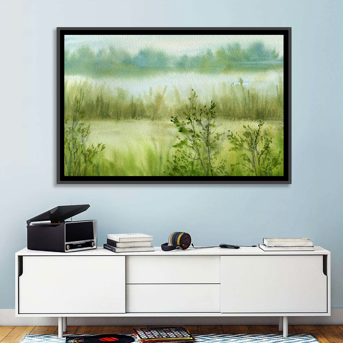 Misty River Meadow Watercolor Wall Art in a room, landscape