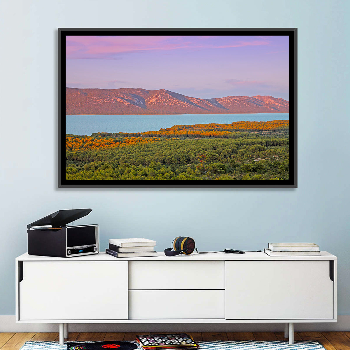 Lake Vrana Golden Hour Wall Art in a room, landscape