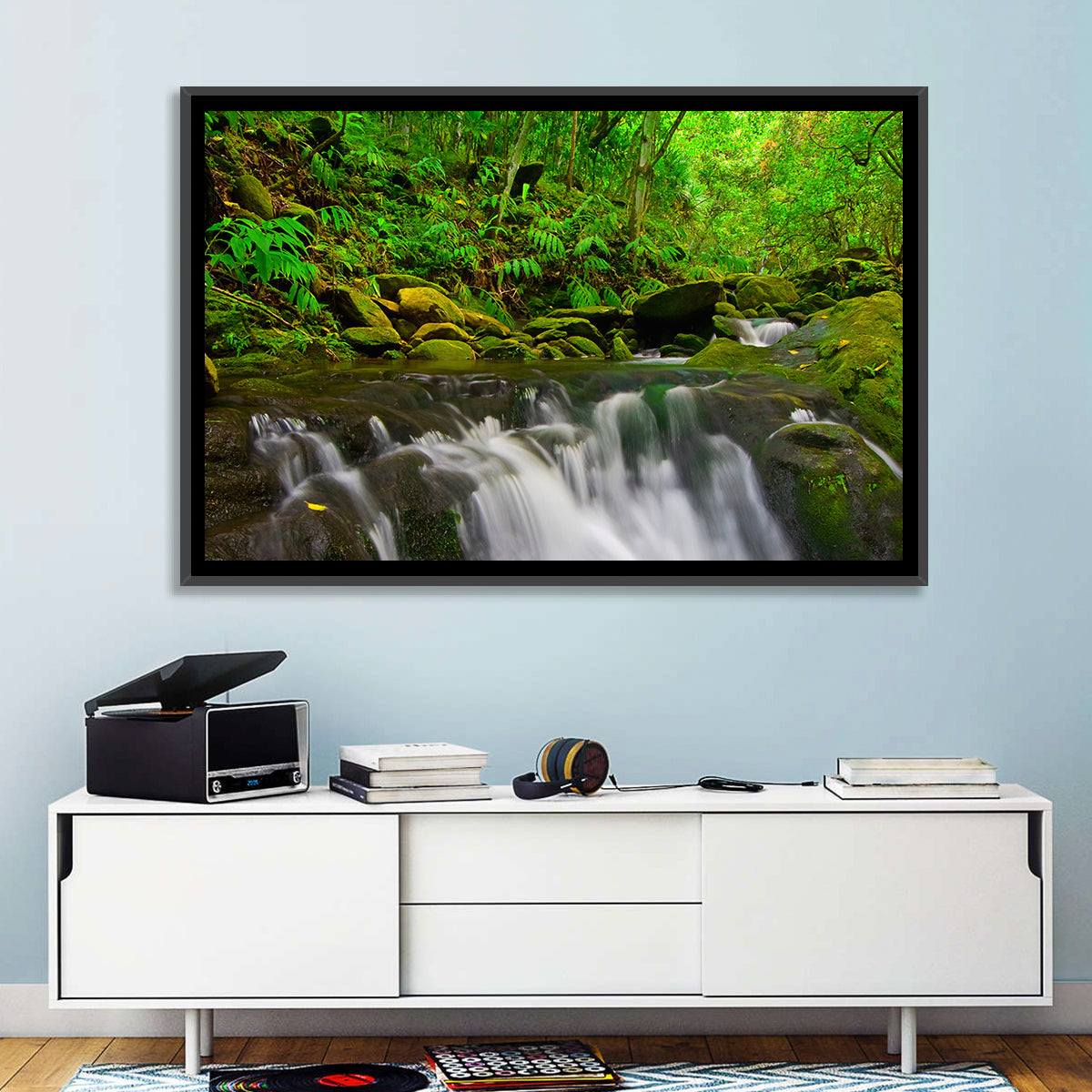 Emerald Jungle Stream Wall Art in a room, landscape