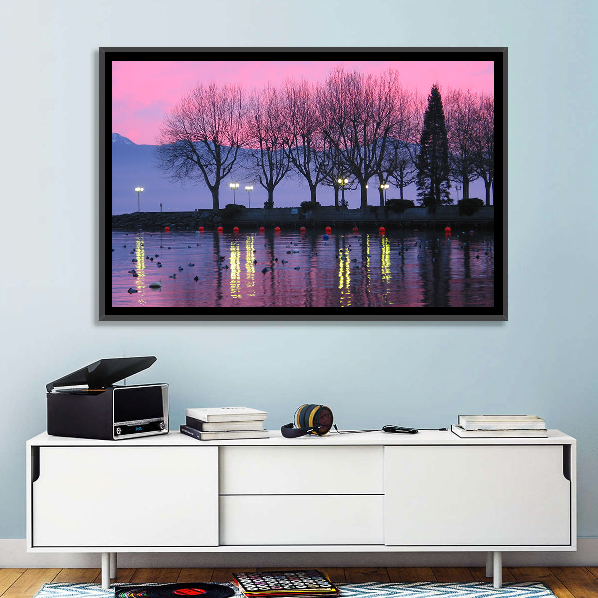Lake Geneva Twilight Wall Art in a room, landscape