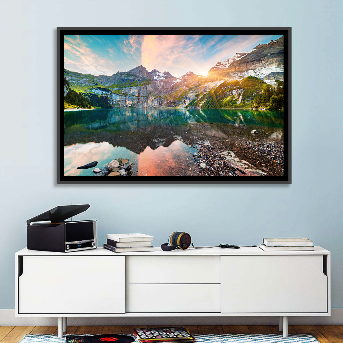 Oeschinensee Reflection Wall Art in a room, landscape