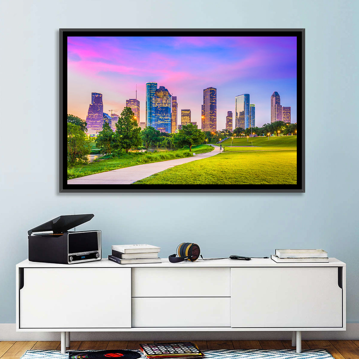 Houston Skyline at Dusk Wall Art in a room, landscape