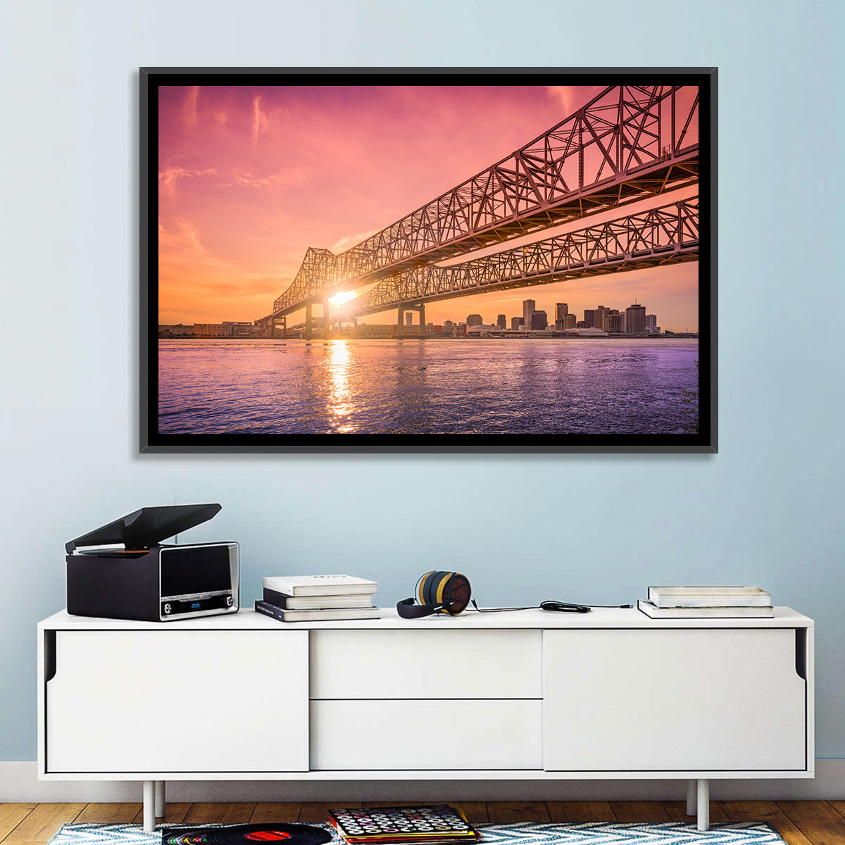 Crescent City Connection at Sunset Wall Art in a room, landscape