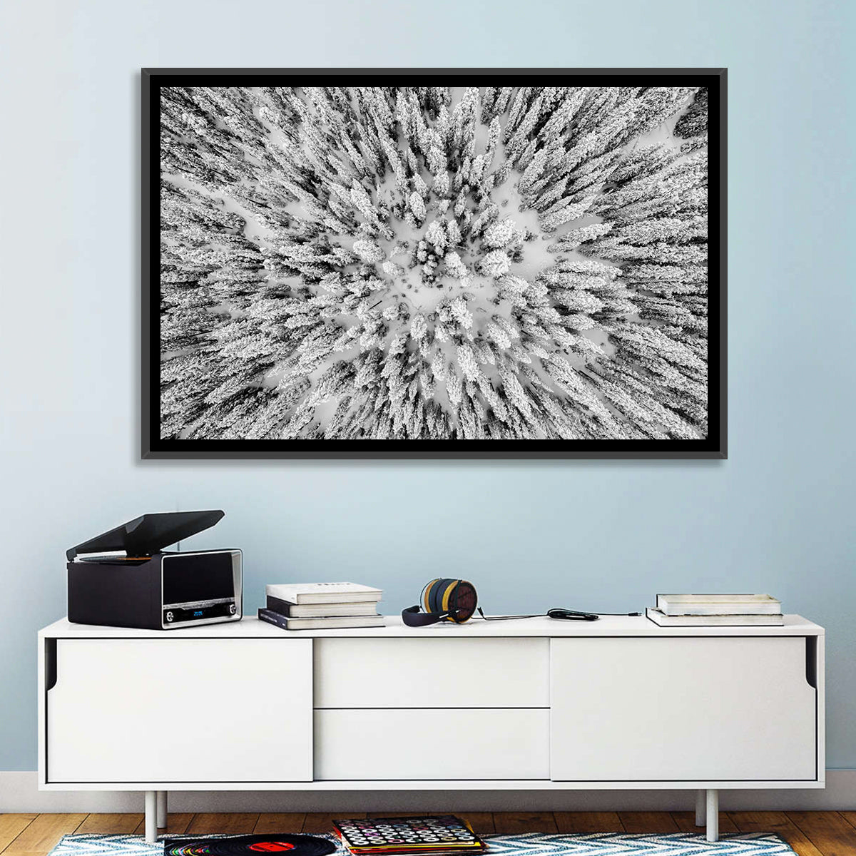 Snowy Aerial Forest Wall Art in a room, landscape