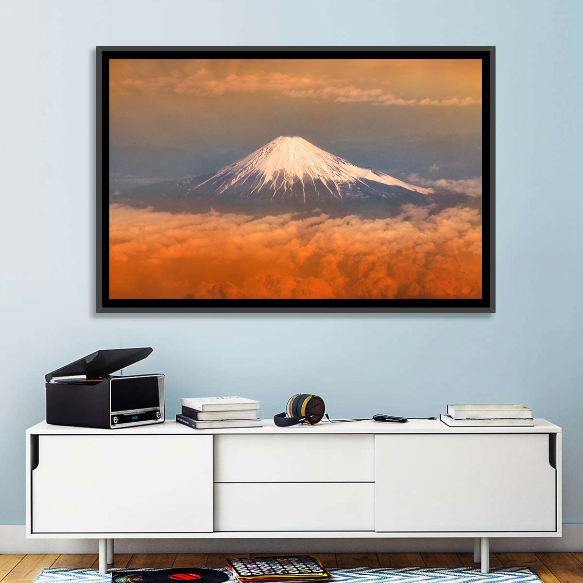 Snow-capped Mount Fuji at Sunset Wall Art in a room, landscape