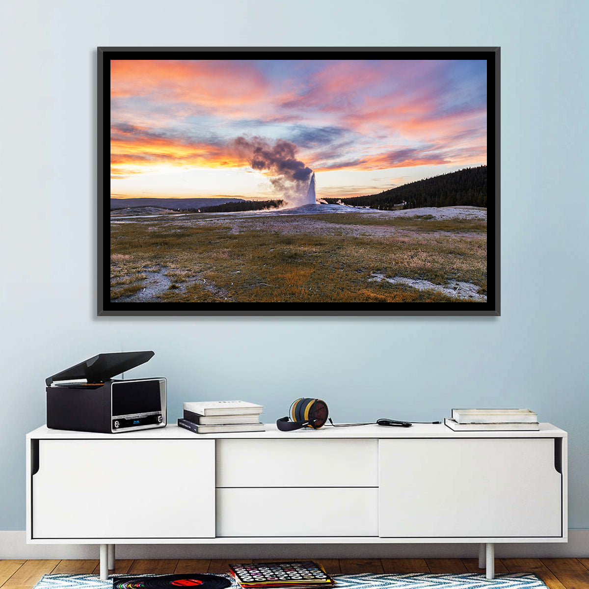 Old Faithful Erupting at Sunset Wall Art in a room, landscape
