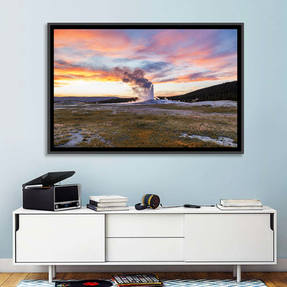 Old Faithful Erupting at Sunset Wall Art