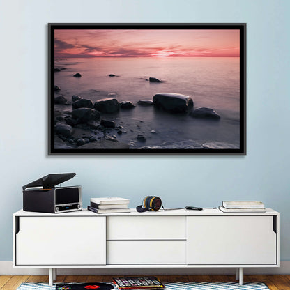 Pink Dusk Lakeshore with Silhouetted Rocks Wall Art