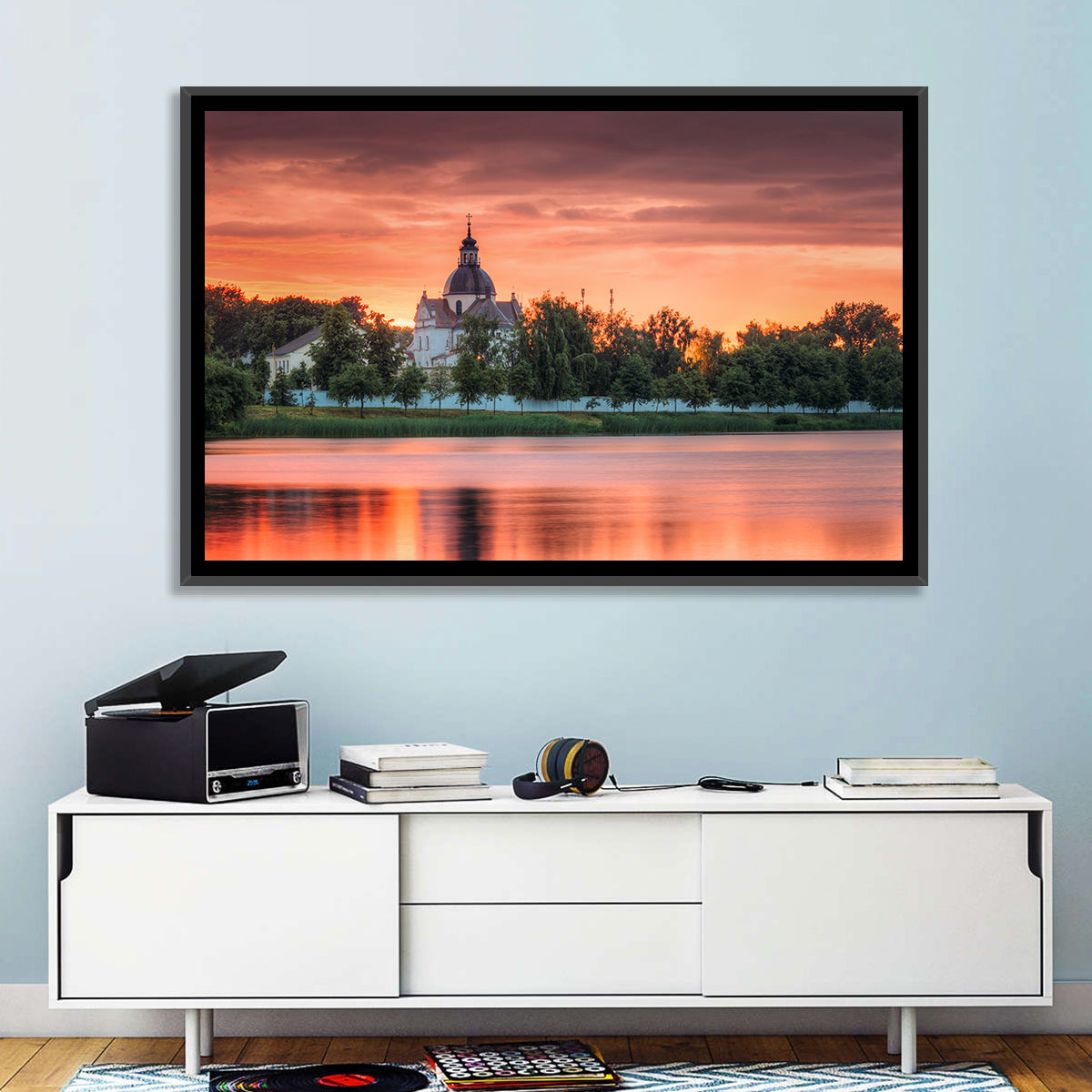 Corpus Christi Church Sunset Reflection Wall Art in a room, landscape