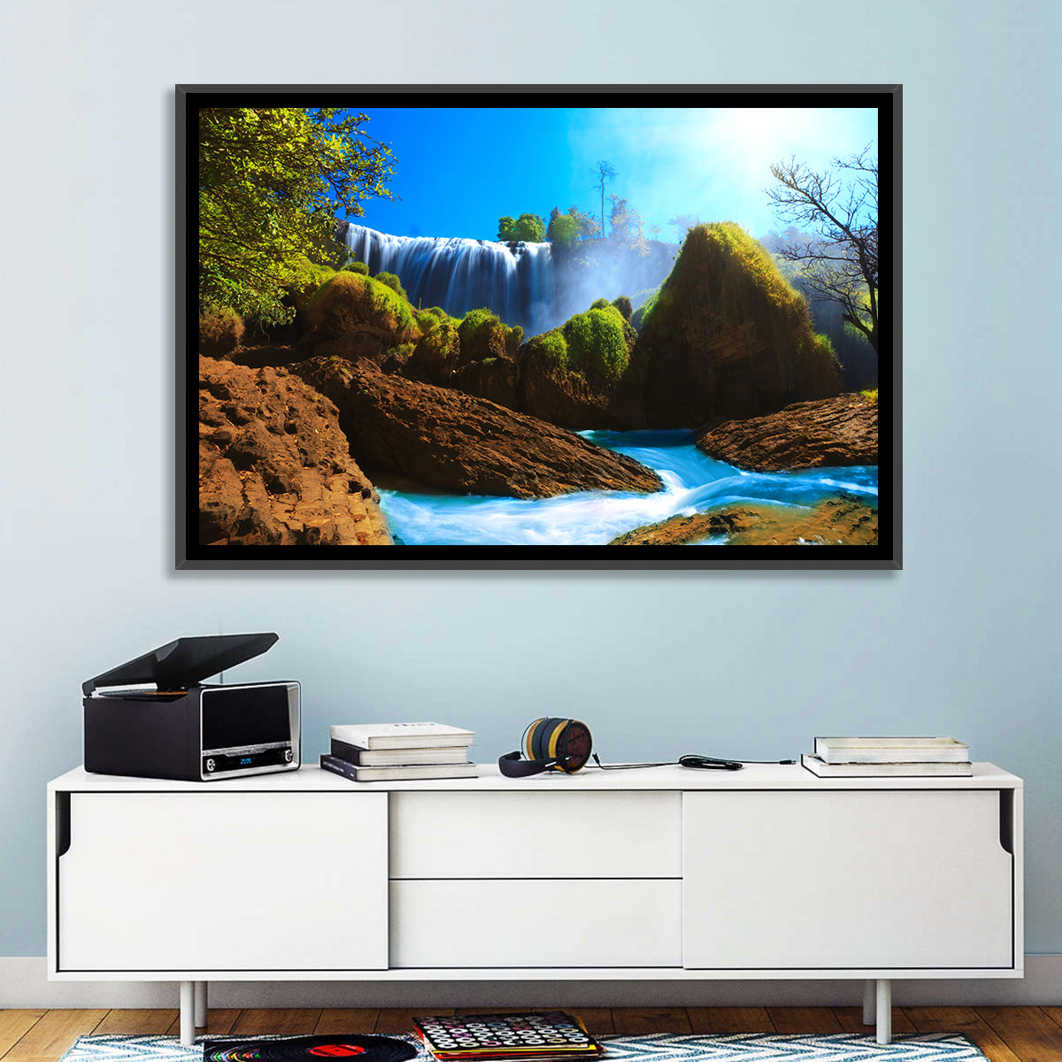 Sunlit Turquoise Waterfall Wall Art