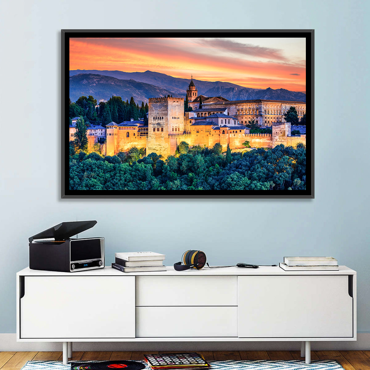 Alhambra Fortress at Golden Sunset Wall Art in a room, landscape