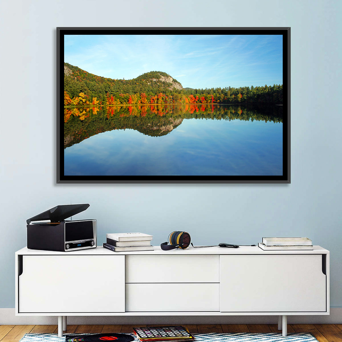 Echo Lake Autumn Reflection Wall Art in a room, landscape