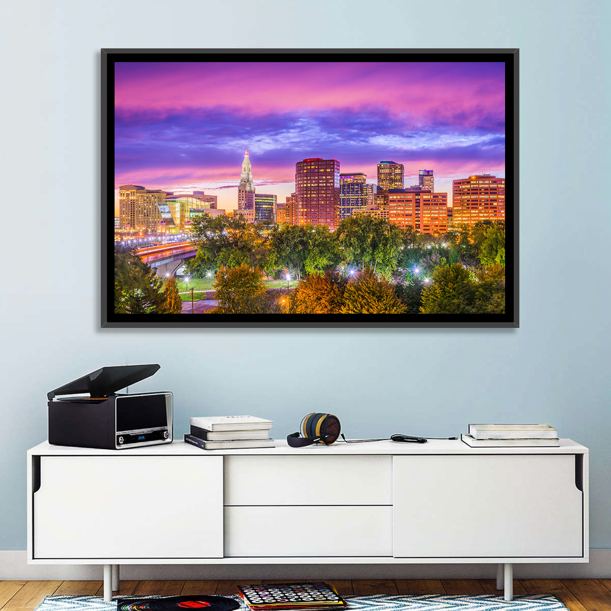 Hartford Skyline at Dusk Wall Art in a room, landscape