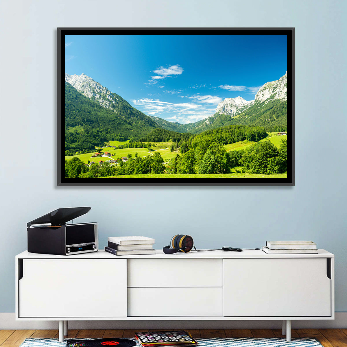 Bavarian Alpine Valley Wall Art in a room, landscape