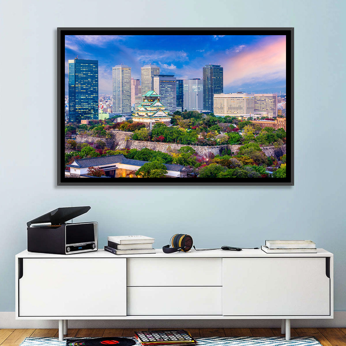 Osaka Castle Skyline at Dusk Wall Art in a room, landscape