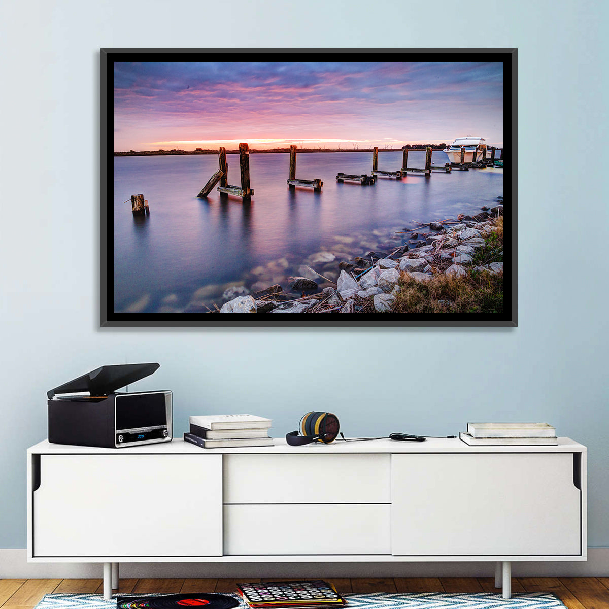 Bayou Lafourche Dock Sunrise Wall Art in a room, landscape