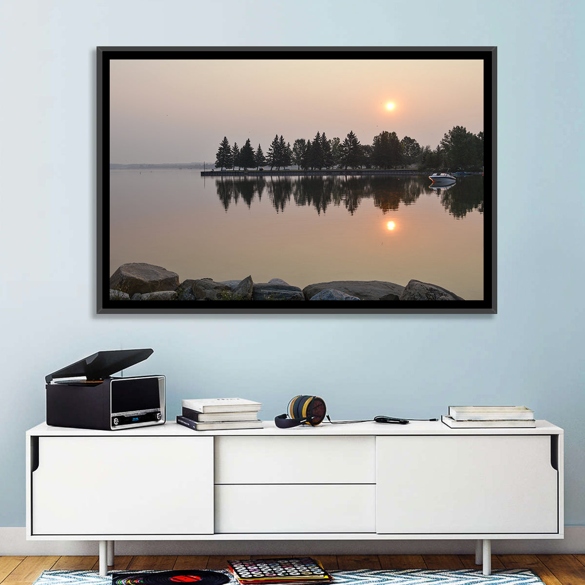 Sylvan Lake Sunset Reflection Wall Art in a room, landscape