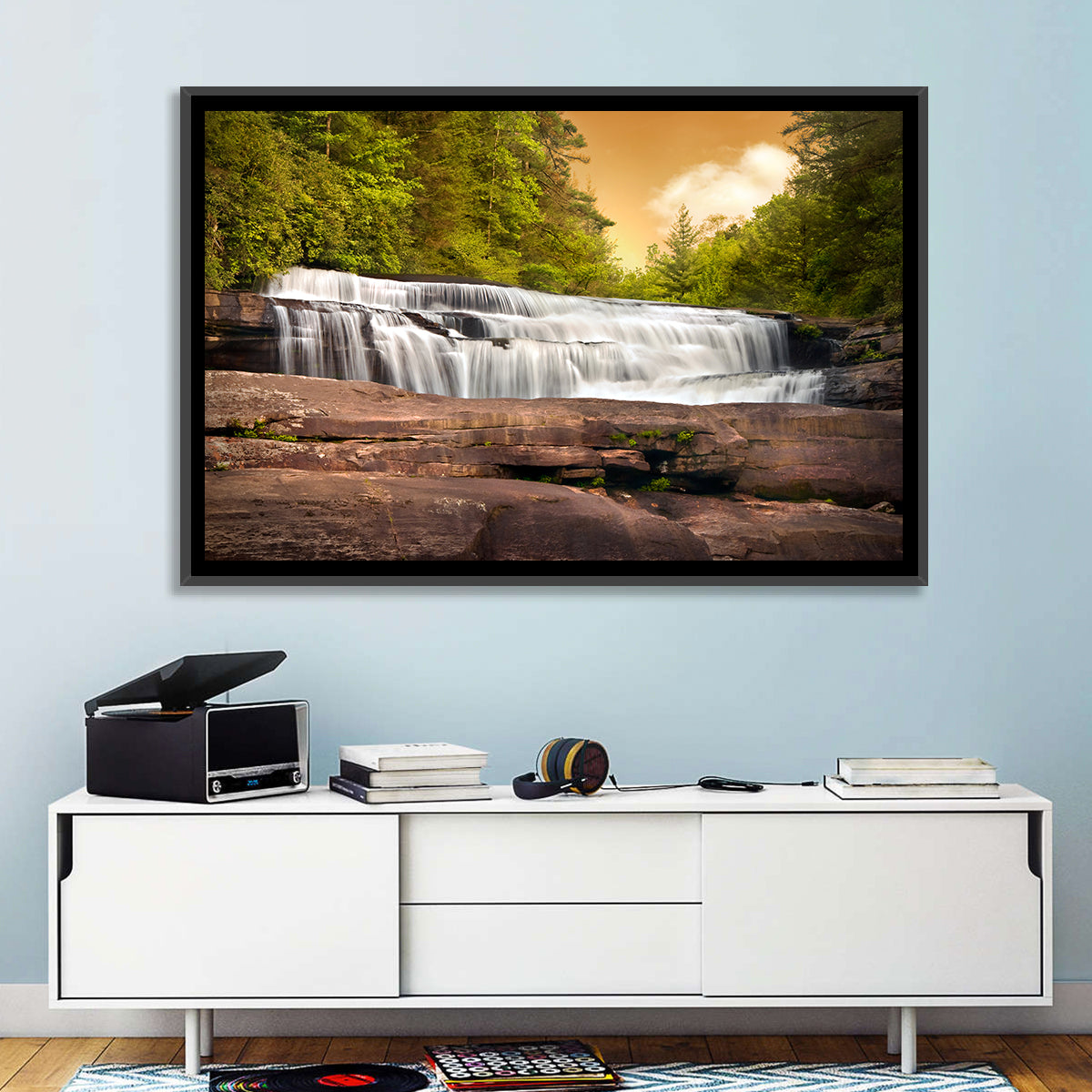Blue Ridge Waterfall at Golden Hour Wall Art in a room, landscape