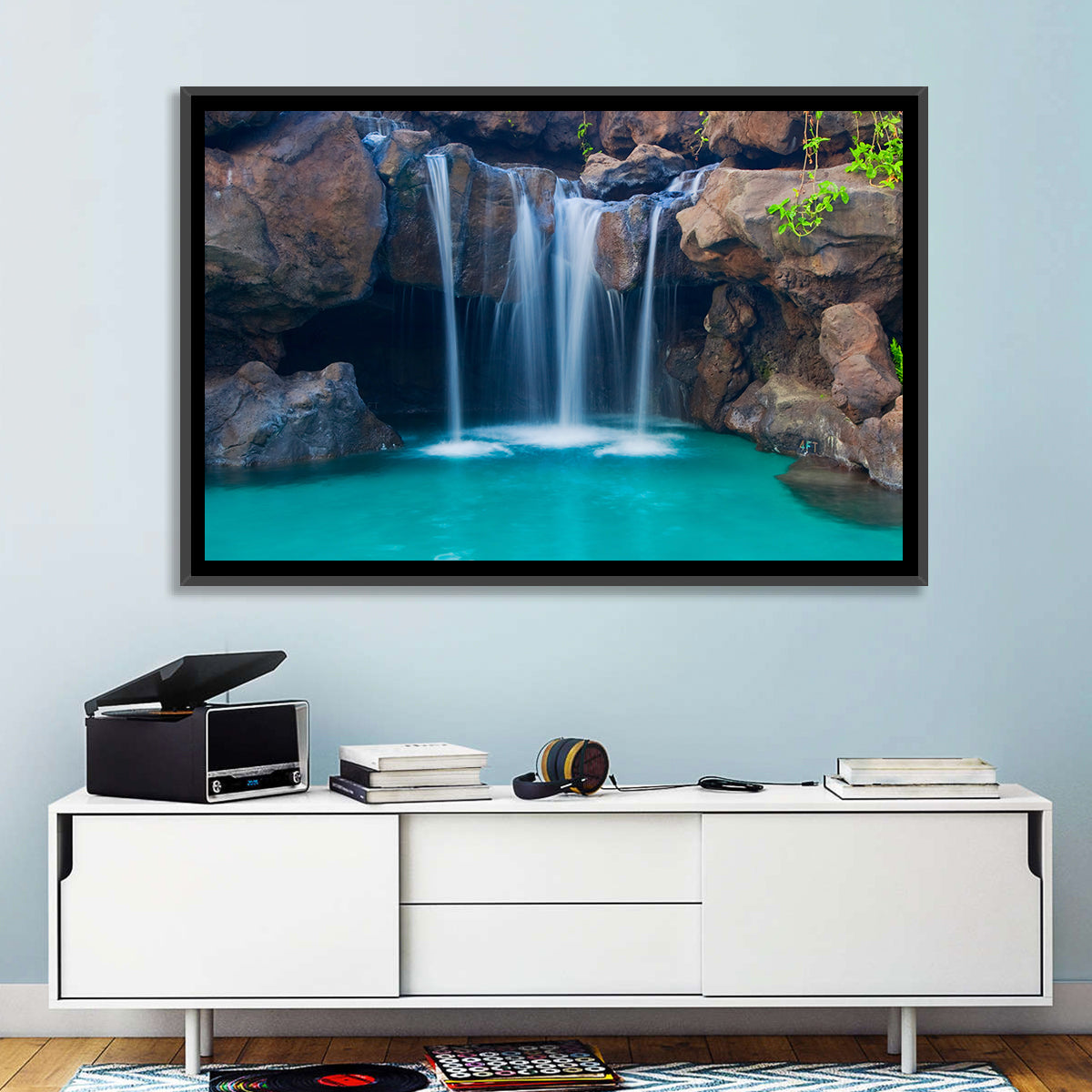 Waterfall Into Turquoise Pool Wall Art in a room, landscape