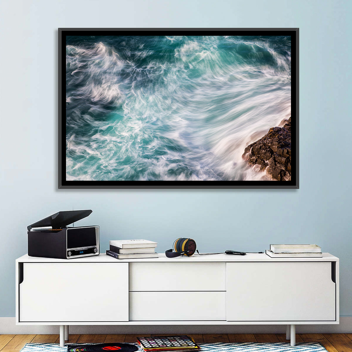 Silky Teal Ocean Waves Wall Art in a room, landscape