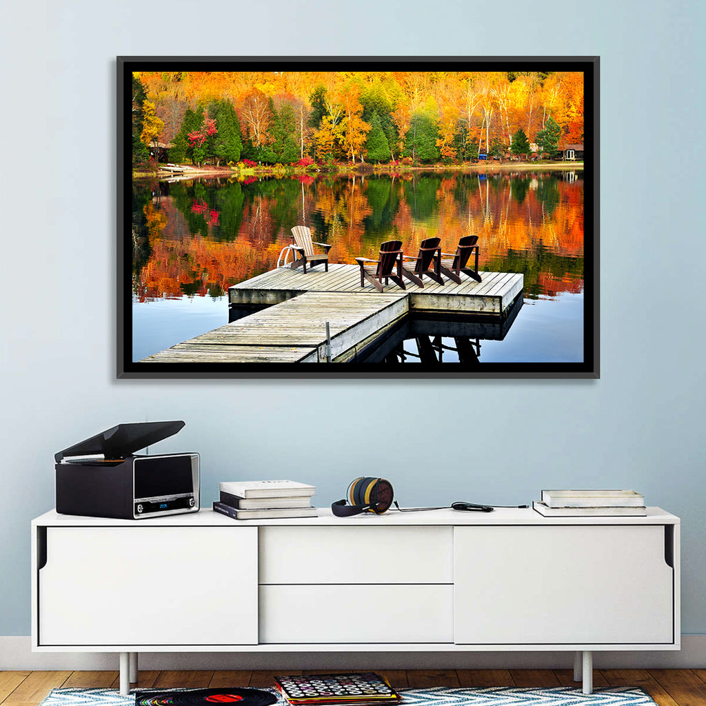 Autumn Lake Dock with Adirondack Chairs Wall Art