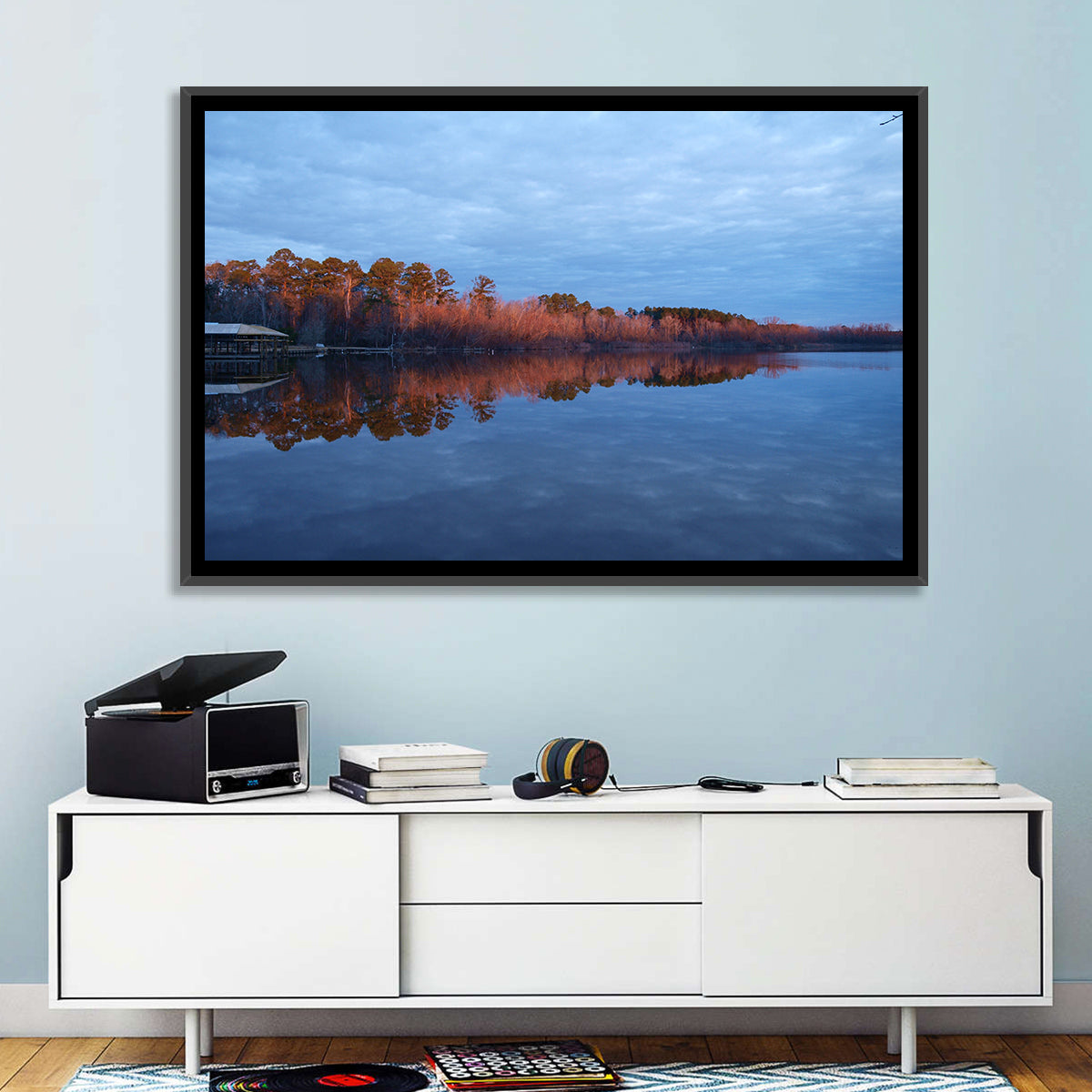 Lake Livingston Pier at Golden Hour Wall Art in a room, landscape
