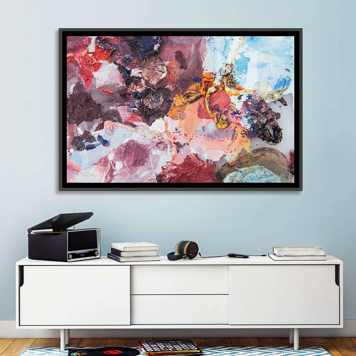 Impasto Color Swirl Abstract Wall Art in a room, landscape