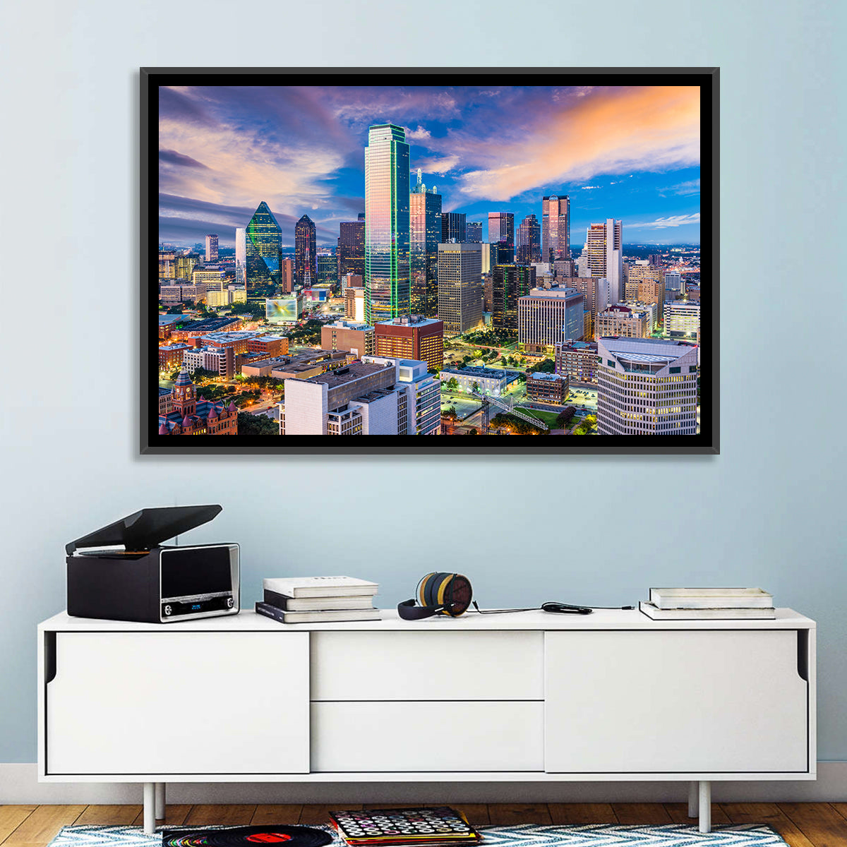 Dallas Twilight Skyline Wall Art in a room, landscape