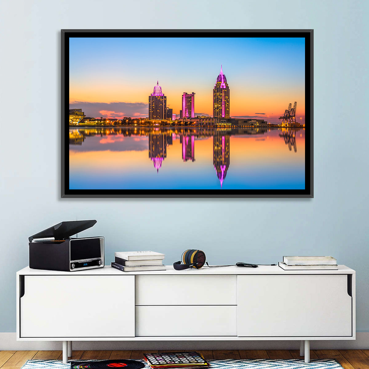 Mobile Alabama Sunset Skyline Wall Art in a room, landscape