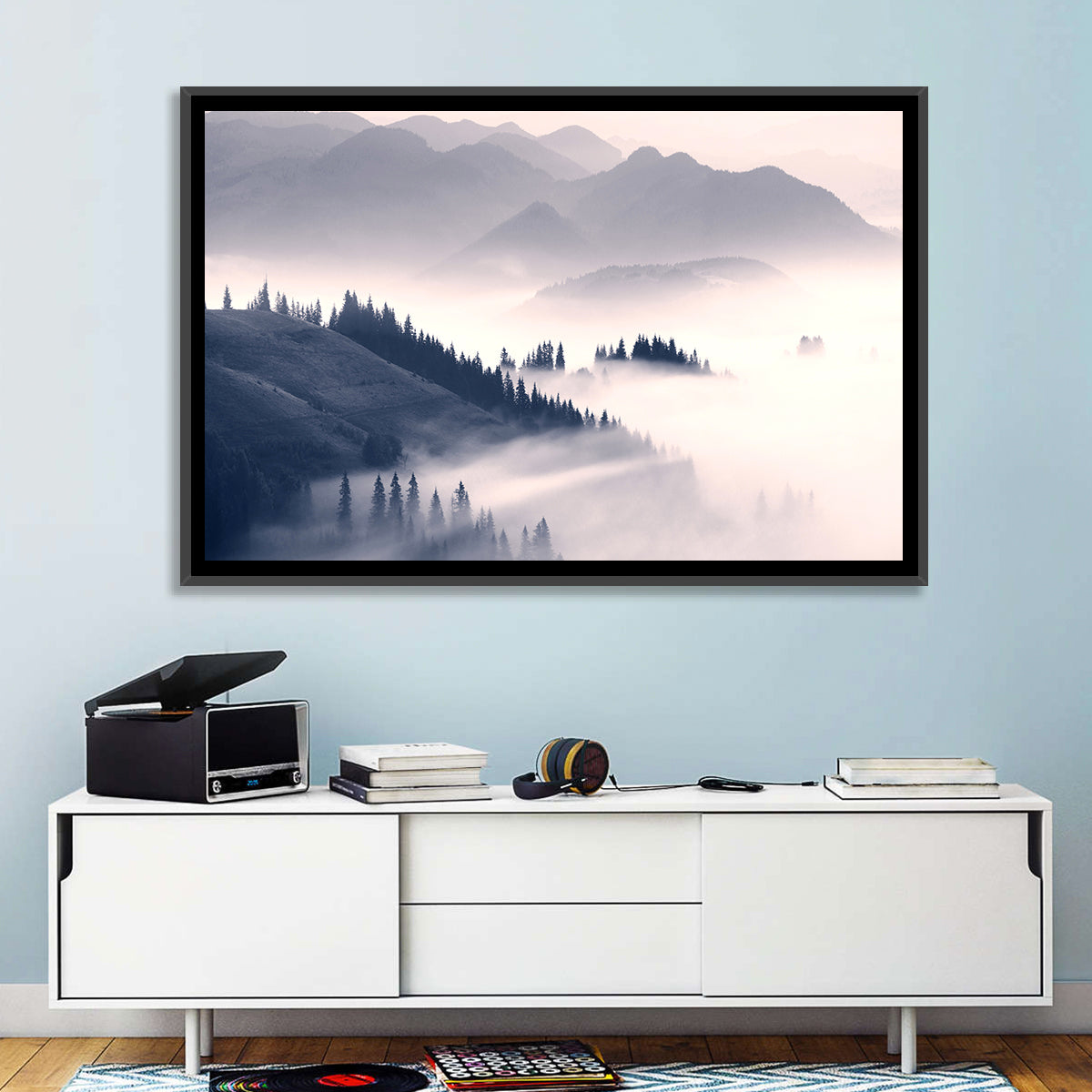 Carpathian Morning Mist Wall Art in a room, landscape