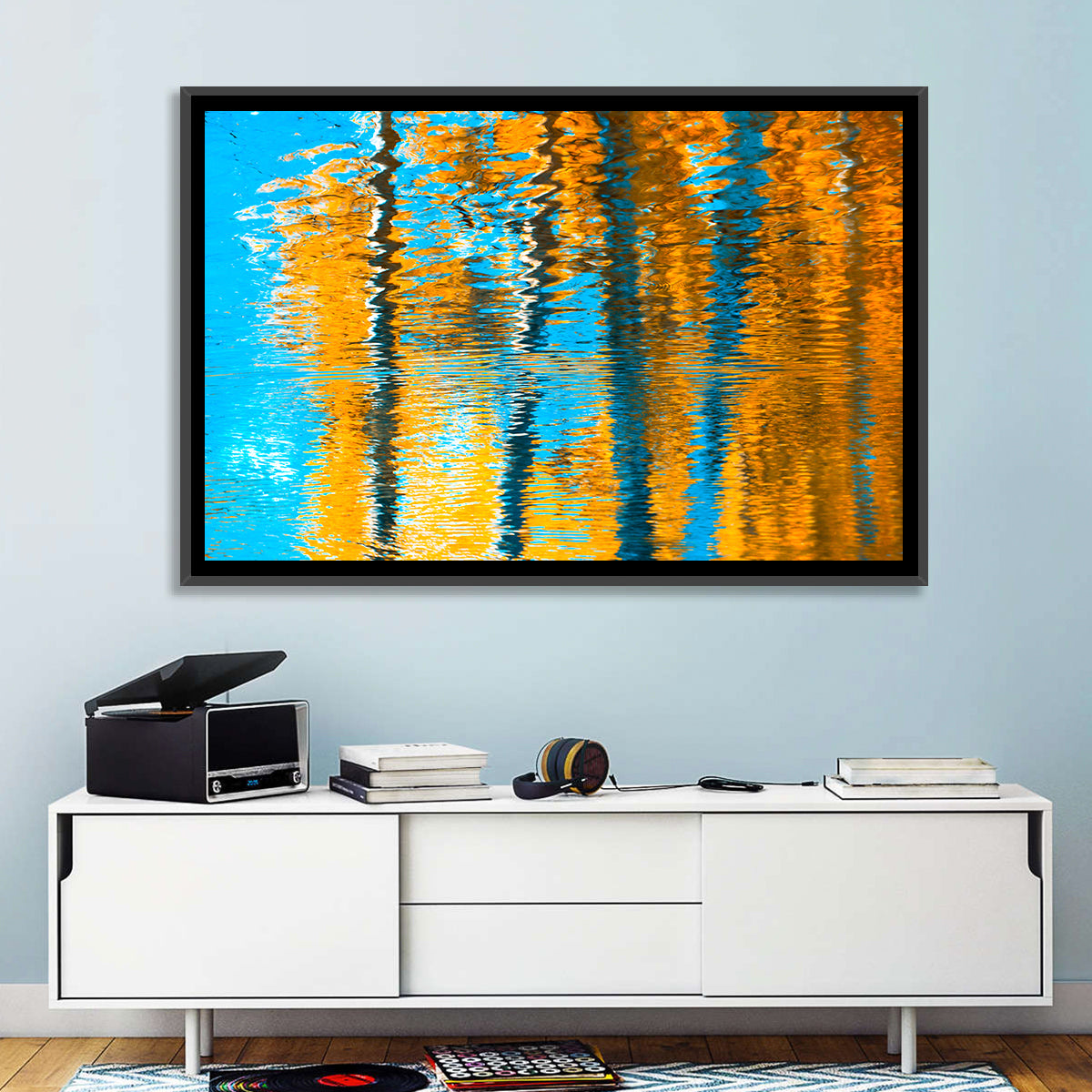 Blue Autumn Reflection Wall Art in a room, landscape