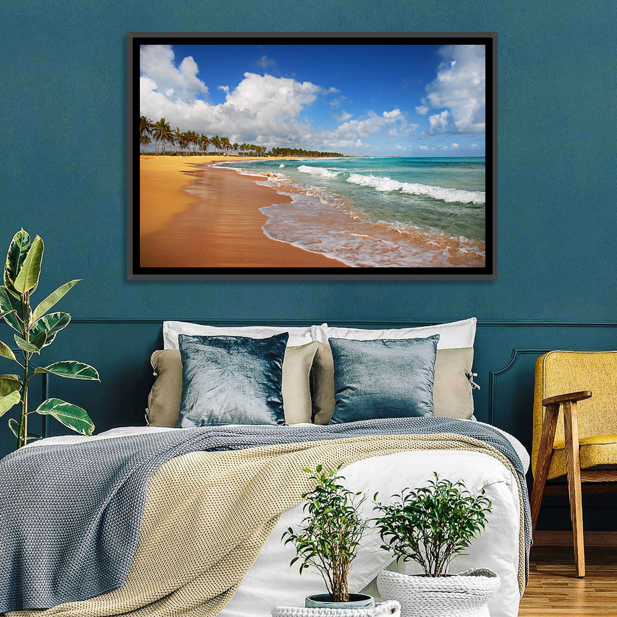 Palm Lined Tropical Coast Wall Art in a room, landscape