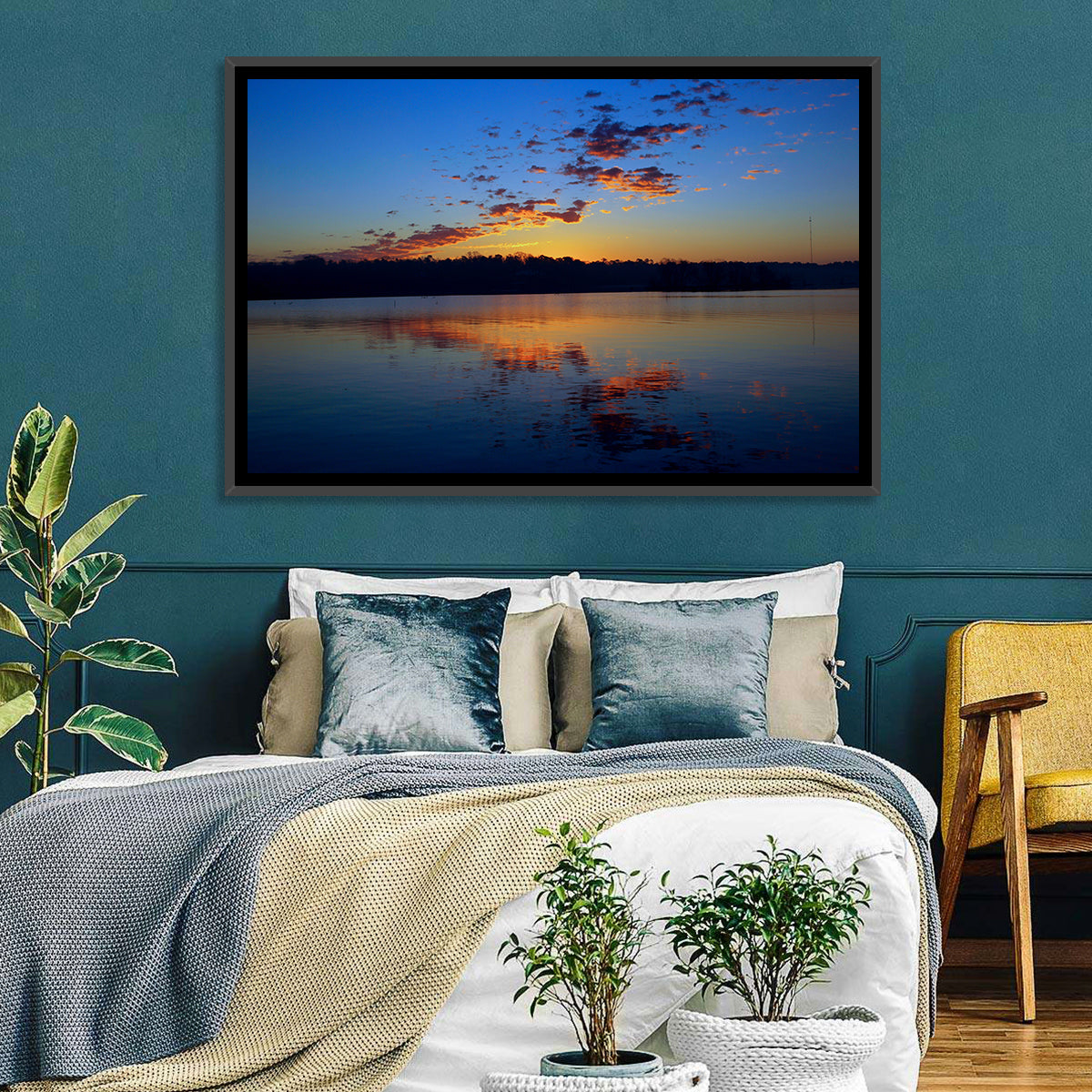 Lake Livingston Sunset Reflection Wall Art in a room, landscape