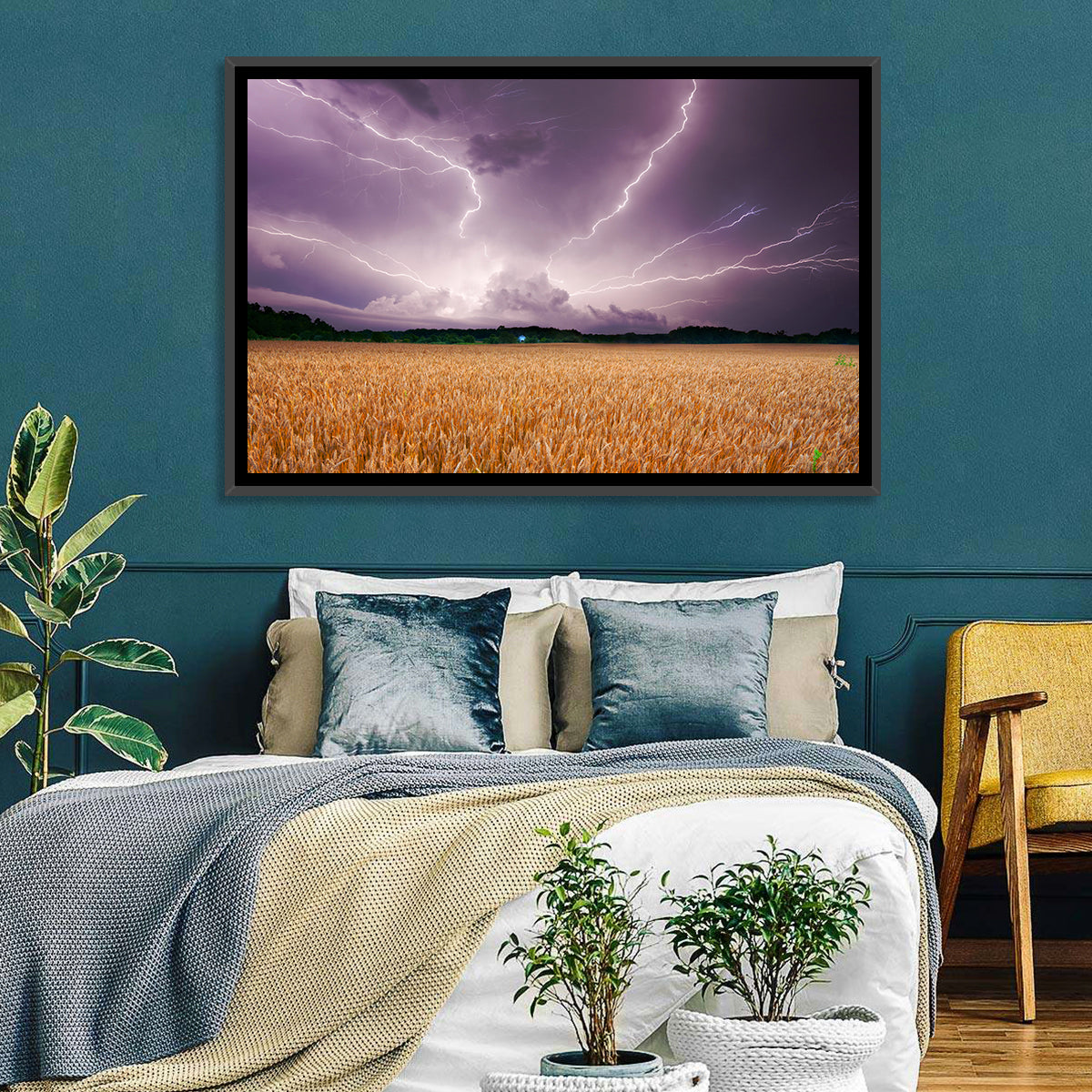 Lightning Over Wheat Field Wall Art in a room, landscape