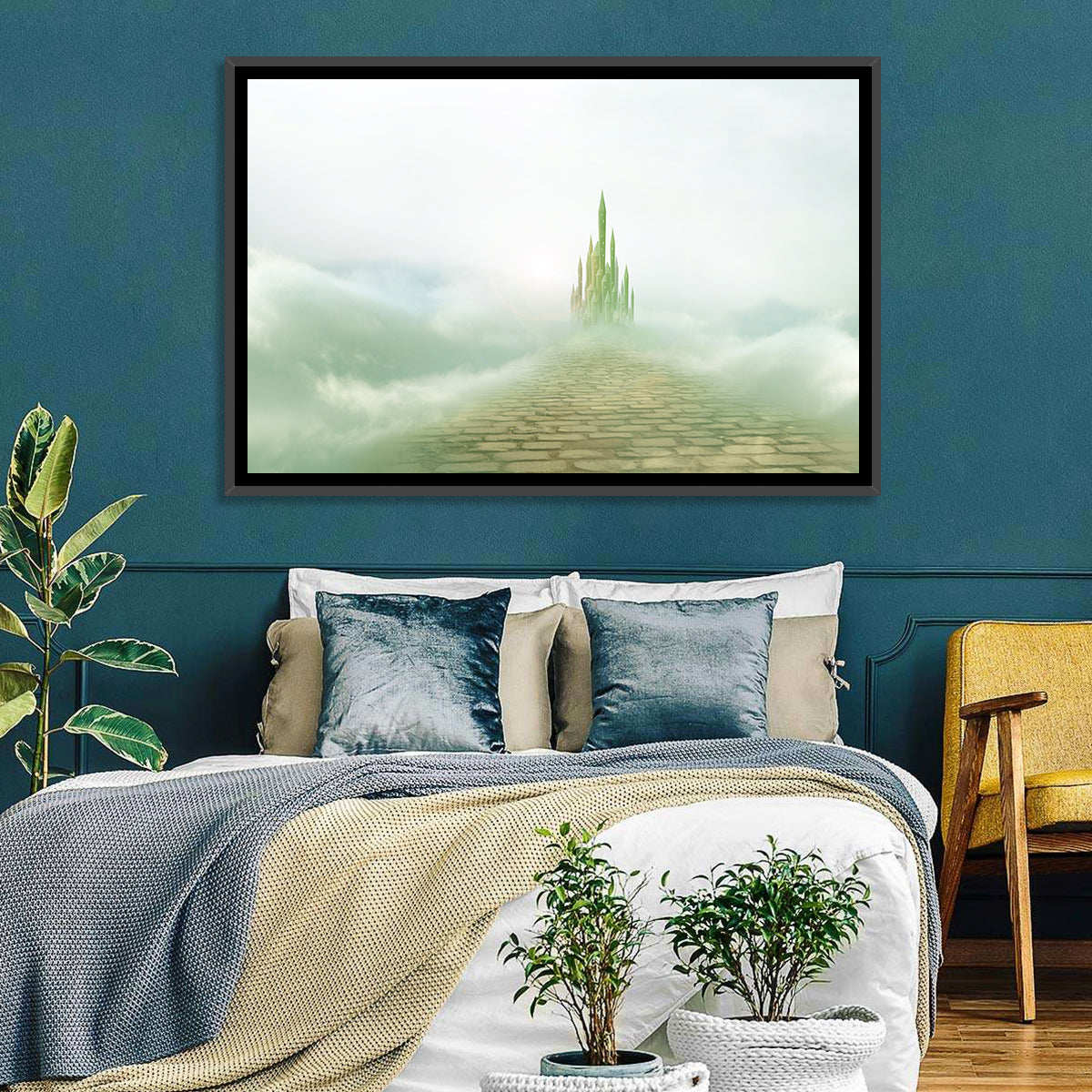 Cobblestone Path to Emerald Castle Wall Art in a room, landscape