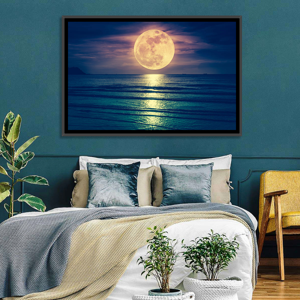 Supermoon Over Calm Sea Wall Art in a room, landscape