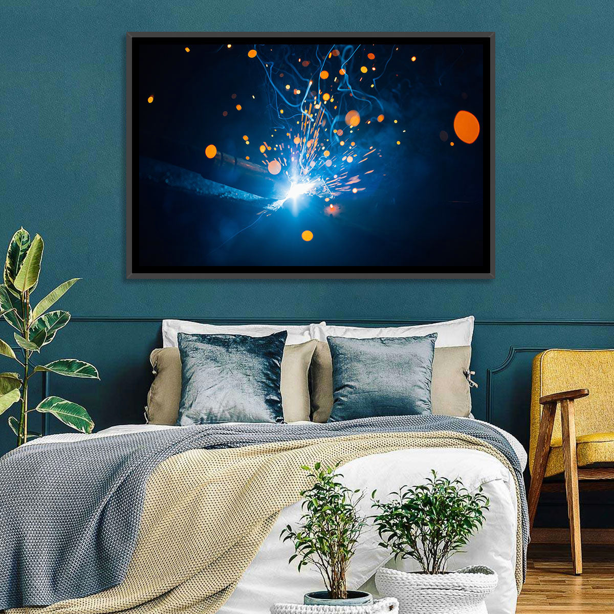 Welding Sparks Close-up Wall Art in a room, landscape