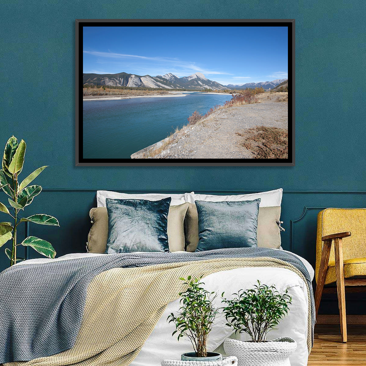 Mount Aeolus Over Athabasca Riverbank Wall Art in a room, landscape
