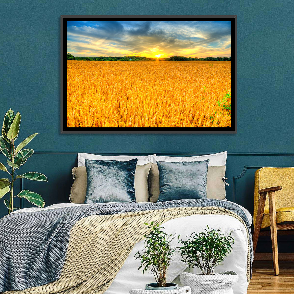 Wheat Field Sunset Wall Art in a room, landscape