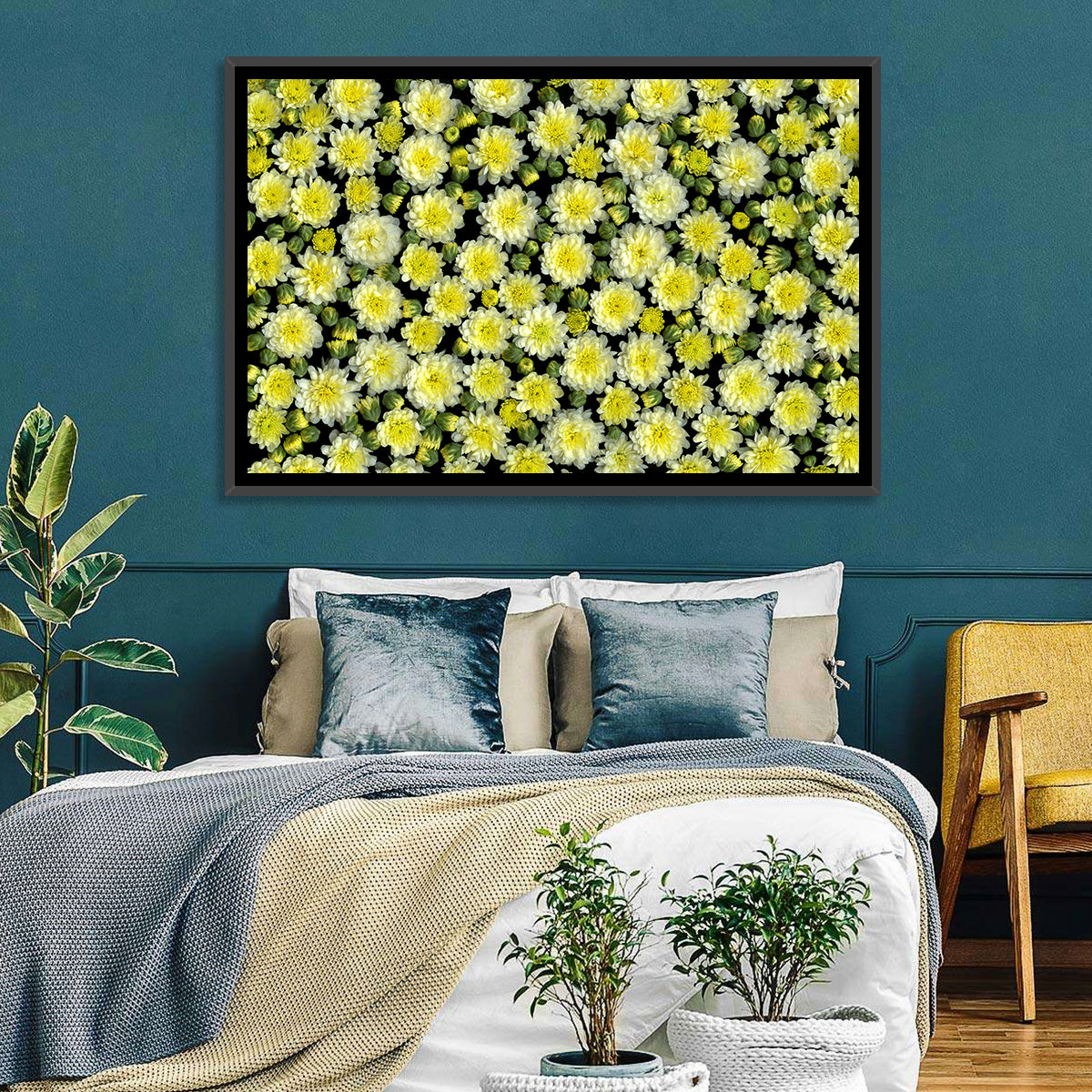 Yellow Chrysanthemum Bloom Pattern Wall Art in a room, landscape