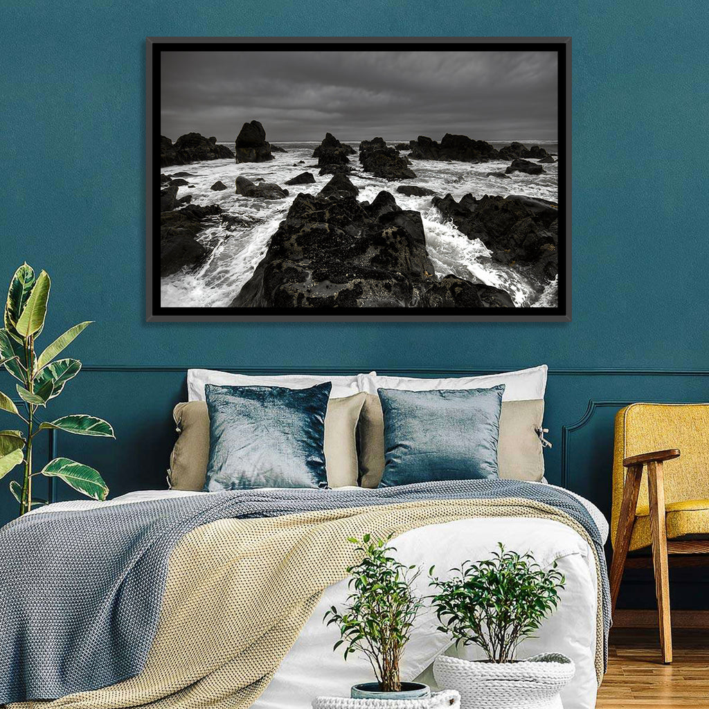 Moody Black and White Rocky Coast Waves Wall Art