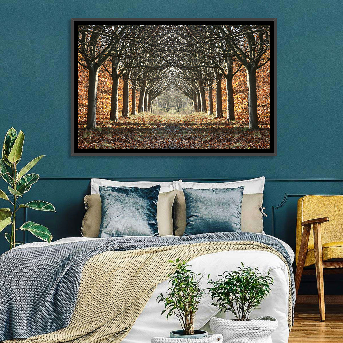 Danish Autumn Tree-lined Path Wall Art in a room, landscape
